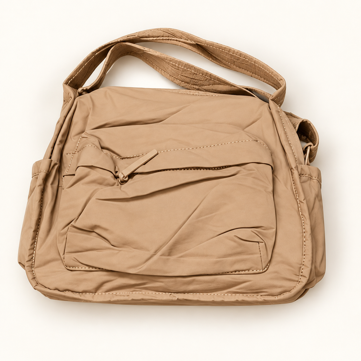 Multi-Pocket Handbag — Beige — AI-styled studio image