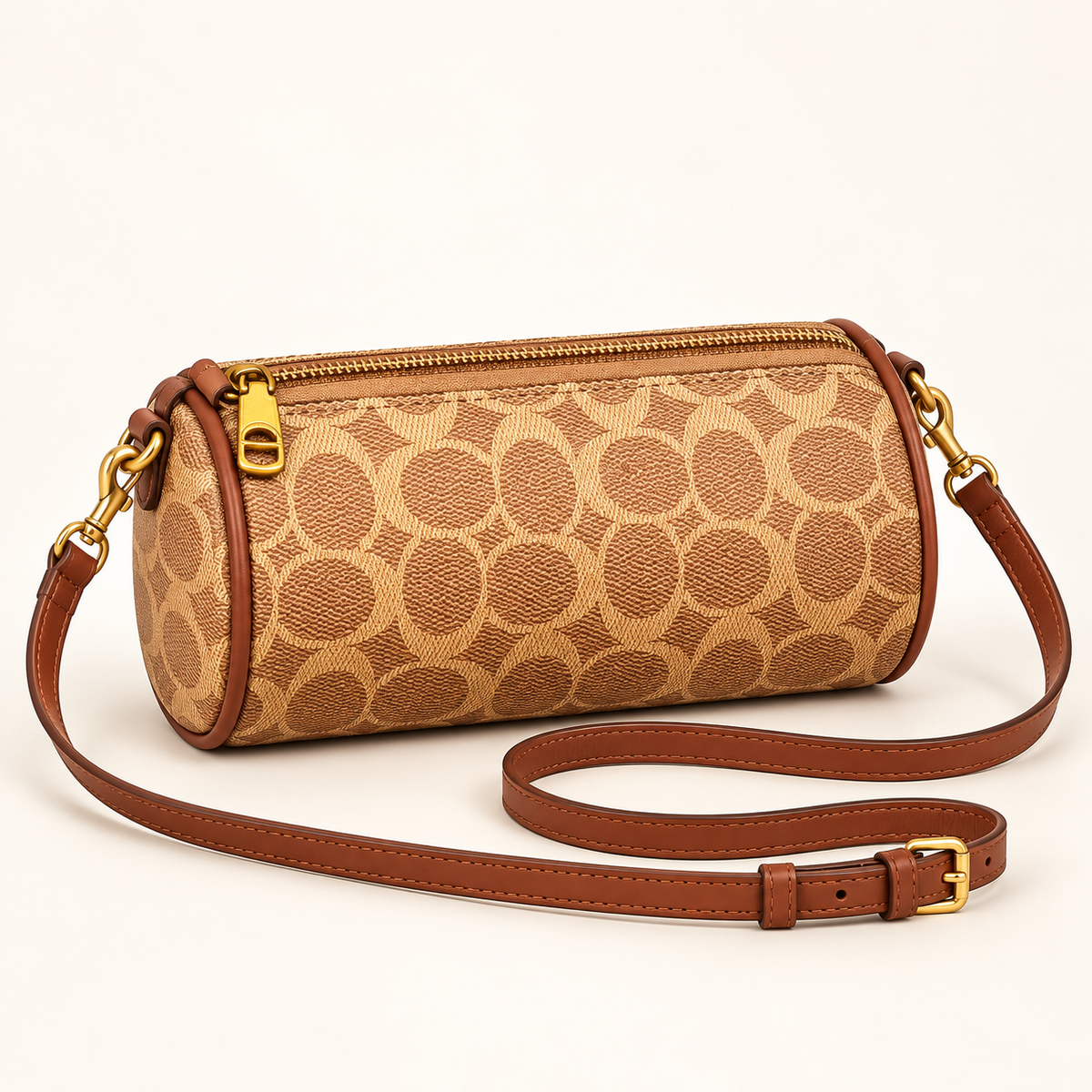 Oval Print Barrel Sling Bag — Tan — studio image