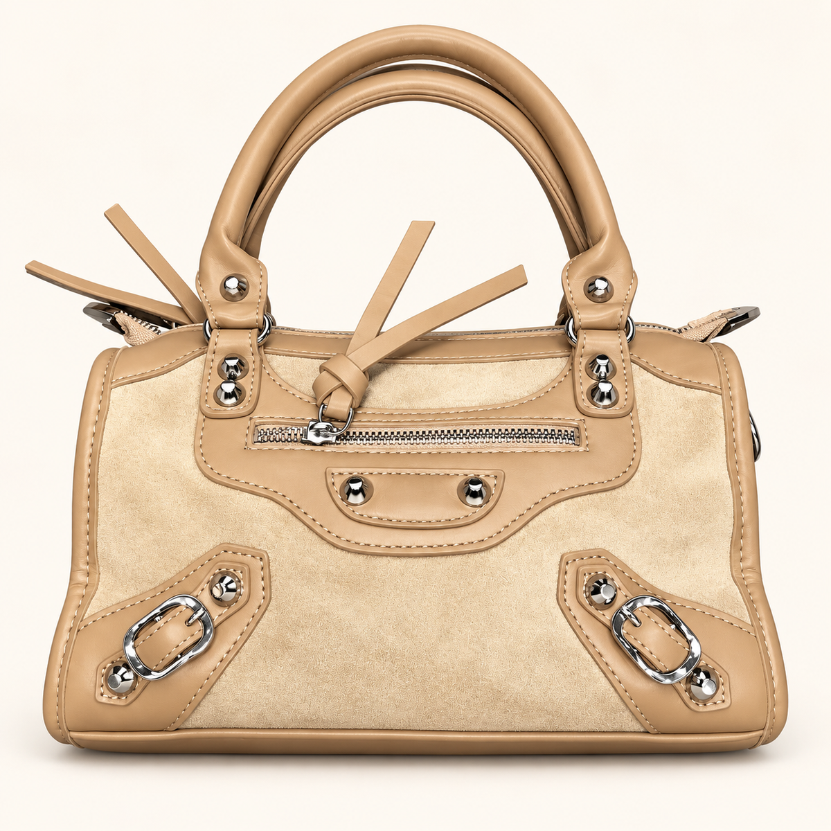 Twin Buckle Zip Satchel — beige — studio image