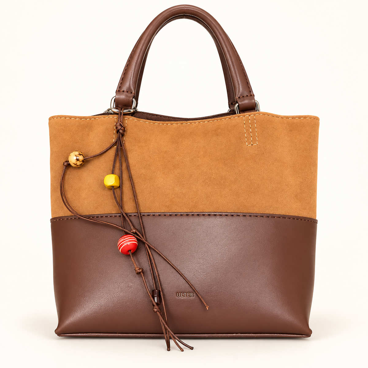 Two Tone Bead Charm Tote — tan-brown — studio image