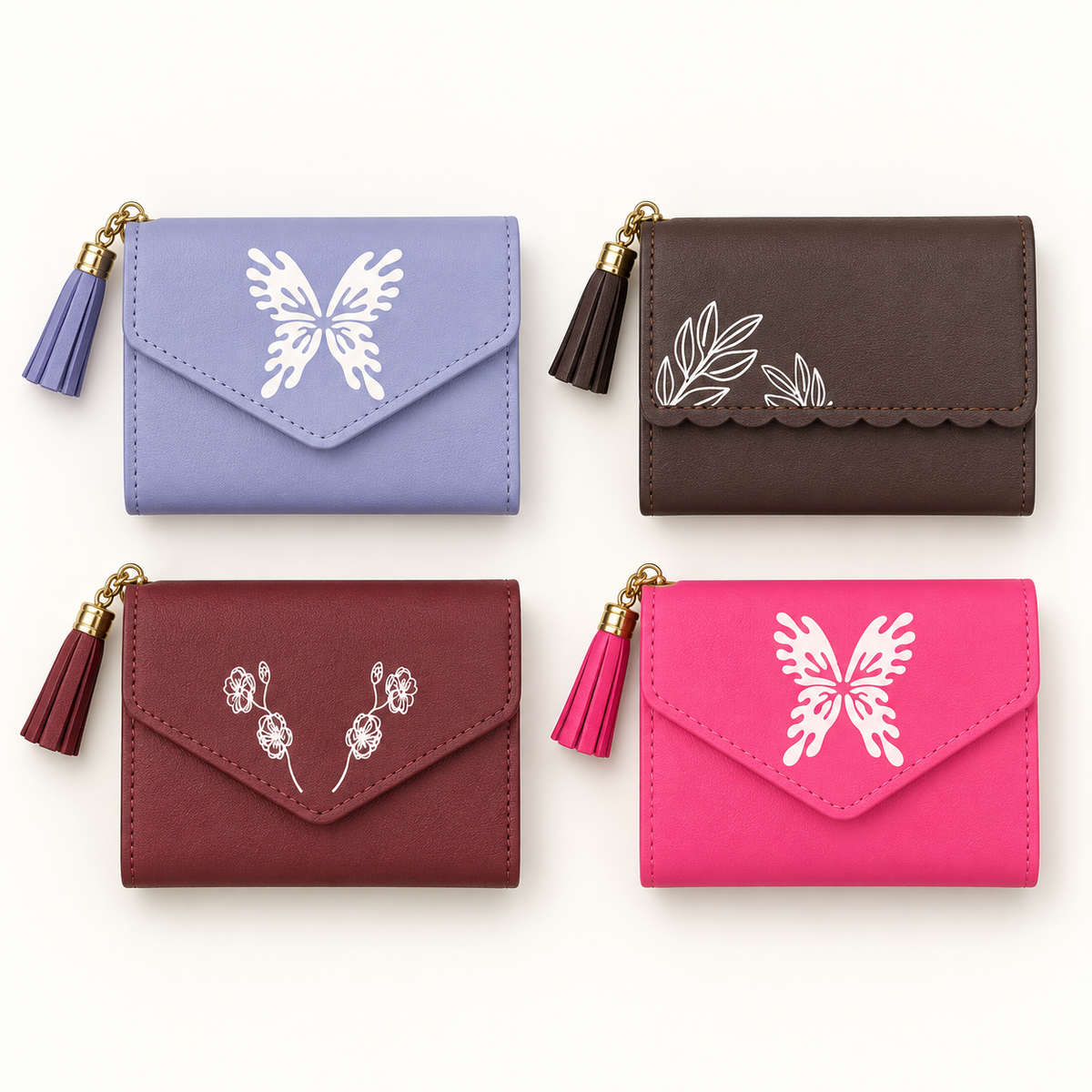 Printed Tassel Mini Wallet — Lavender, Dark Brown, Burgundy, Bright Pink