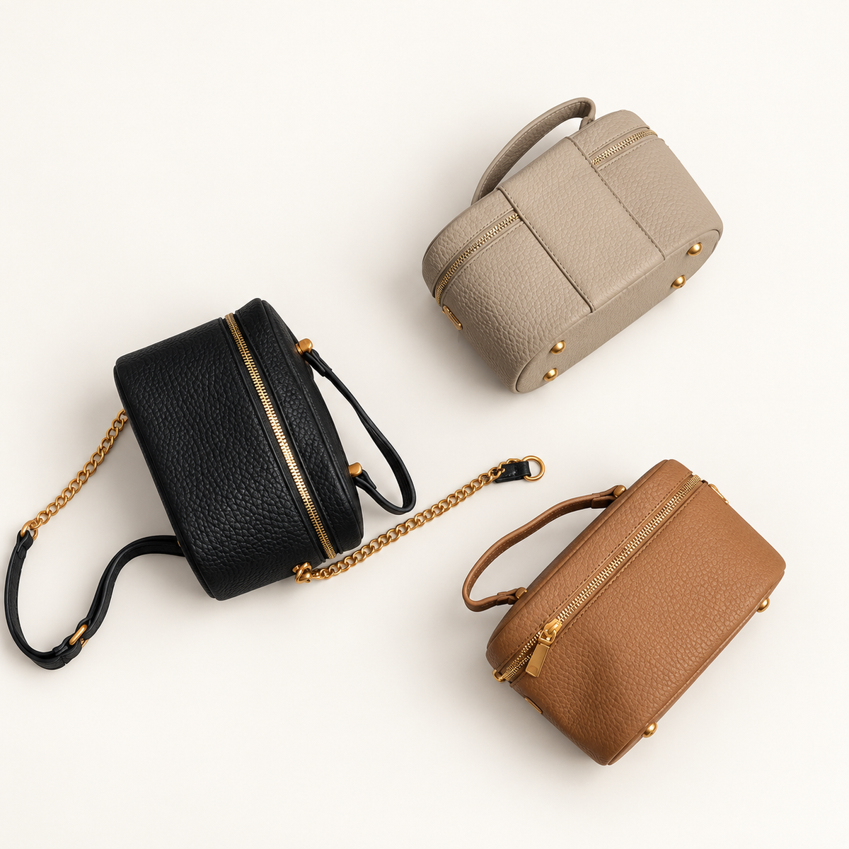 Textured Zip Box Mini Bag — Black, Taupe, Tan