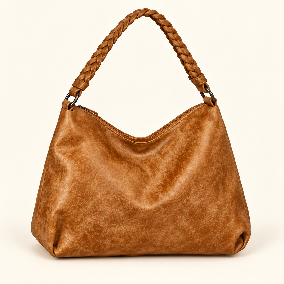 Braided Strap Slouch Bag — Tan — individual studio photo