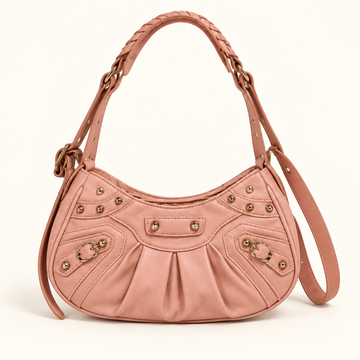 Stud Detail Moto Shoulder Bag — Pink — individual studio photo