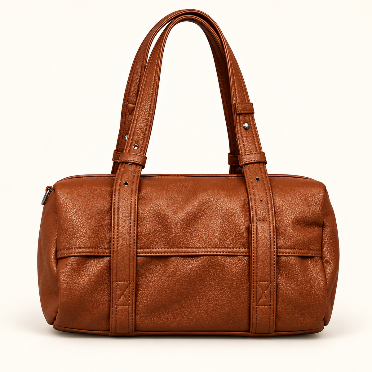 Twin Handle Barrel Handbag — Brown — individual studio photo