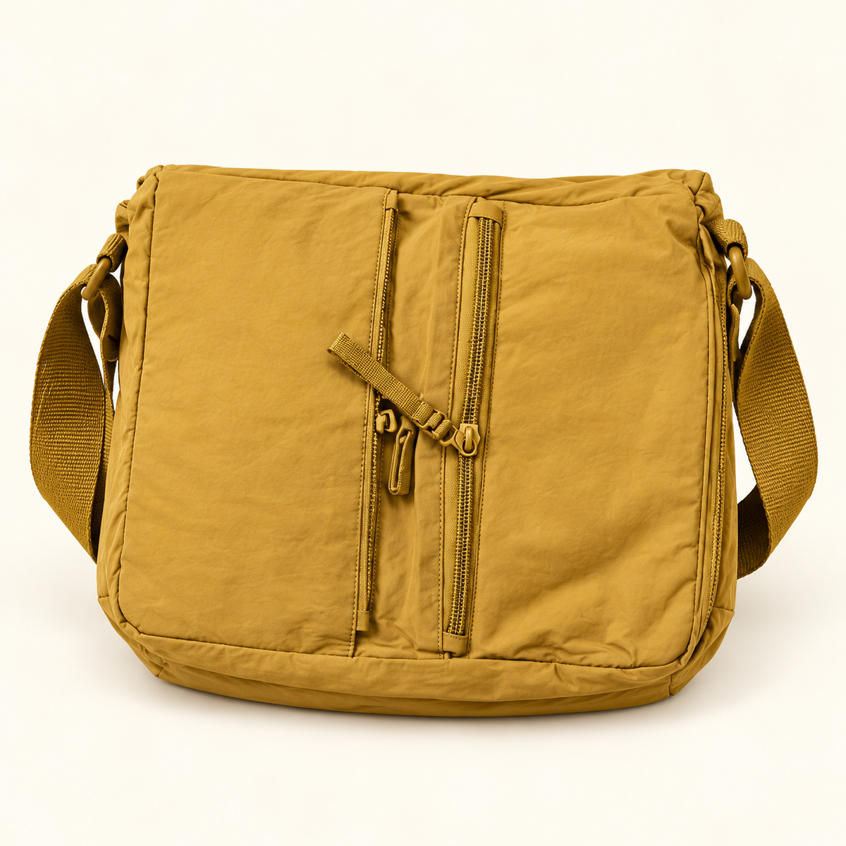Twin Zip Nylon Messenger — Mustard — individual studio photo