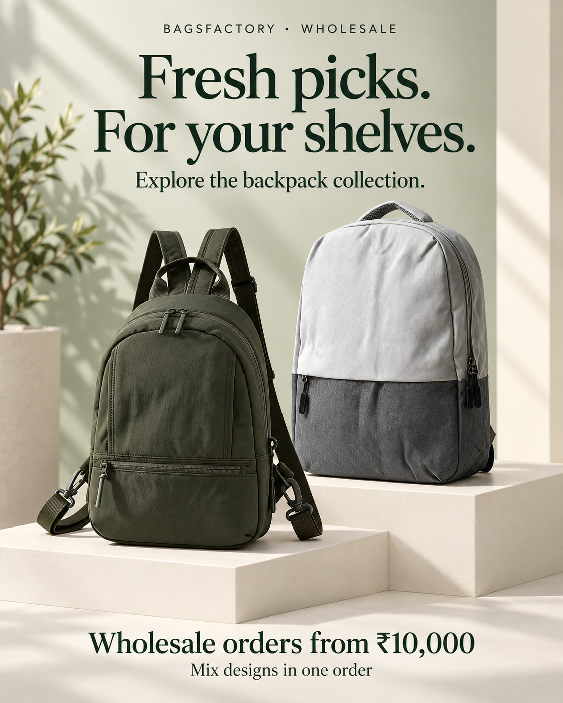 Bagsfactory wholesale backpacks. Mix designs, minimum order ₹5,000.