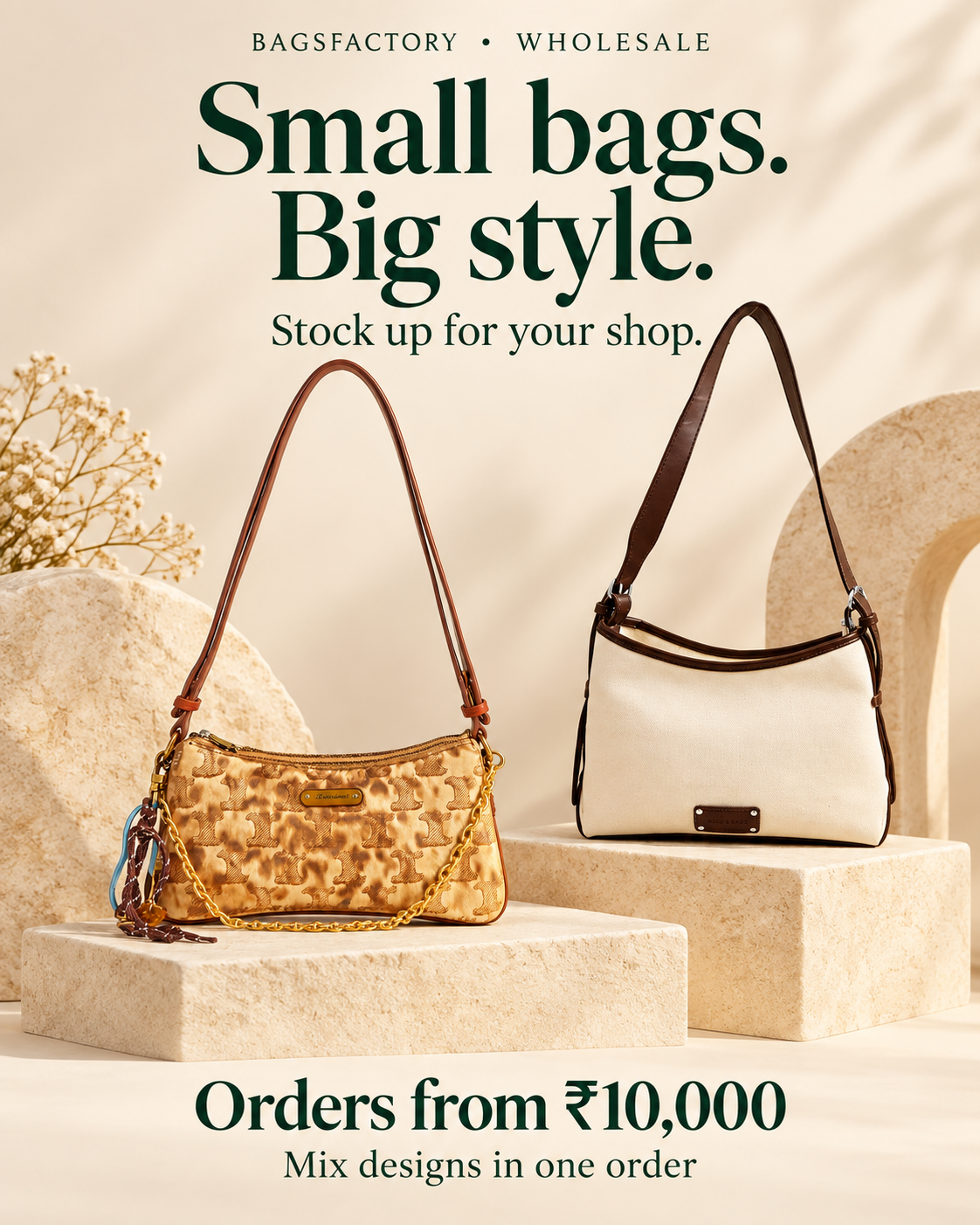 Small bags, big style. Wholesale orders from ₹5,000. Mix designs.