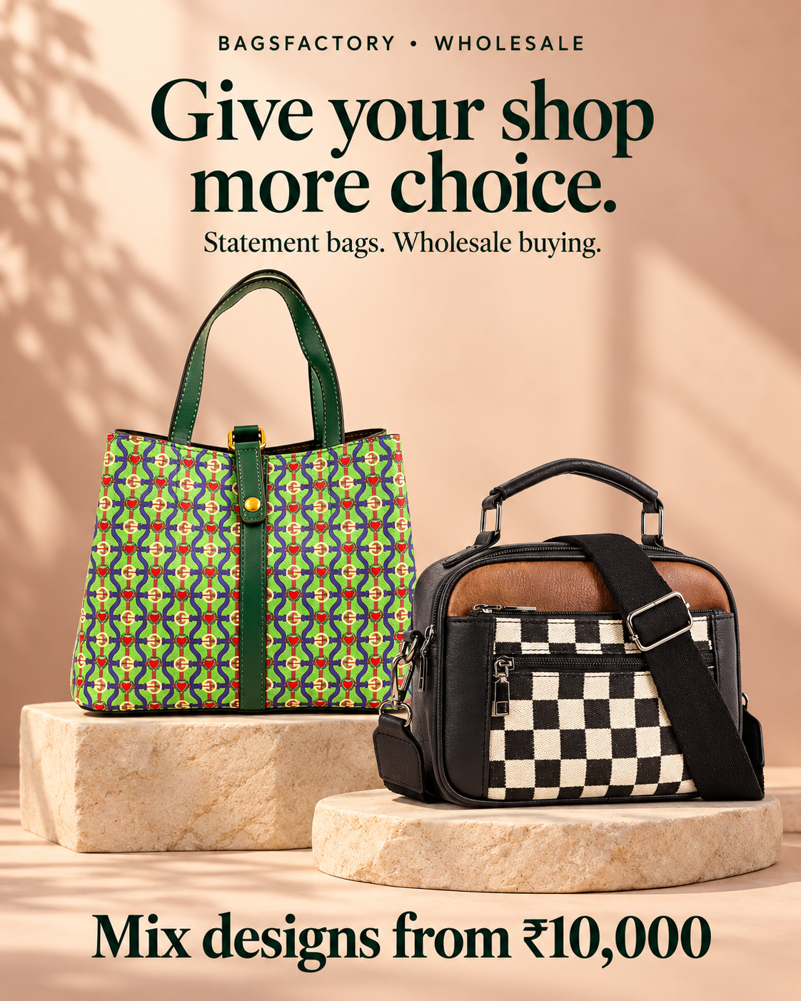 Bagsfactory wholesale statement-bags. Mix designs, minimum order ₹5,000.