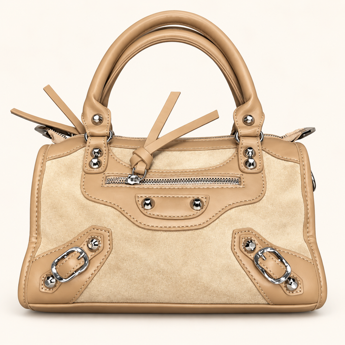 Twin Buckle Zip Satchel — beige — studio image