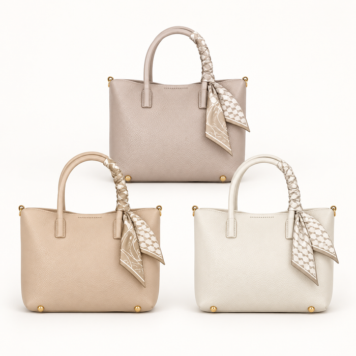 Scarf Handle Textured Handbag — Light Taupe, Beige, Ivory
