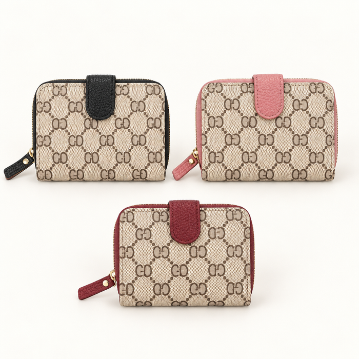 Monogram Tab Zip Wallet — Black, Dusty Pink, Burgundy
