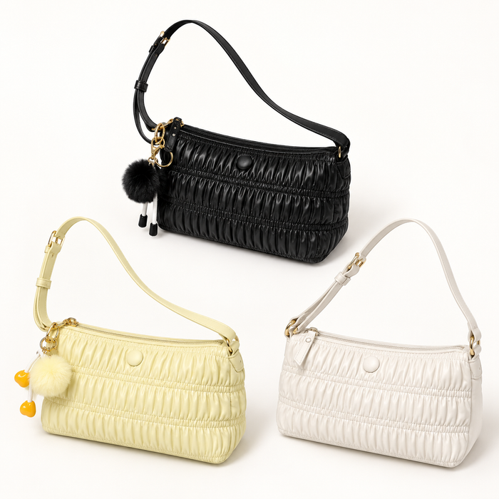 Ruched Button Shoulder Bag — Black, Pale Yellow, Ivory