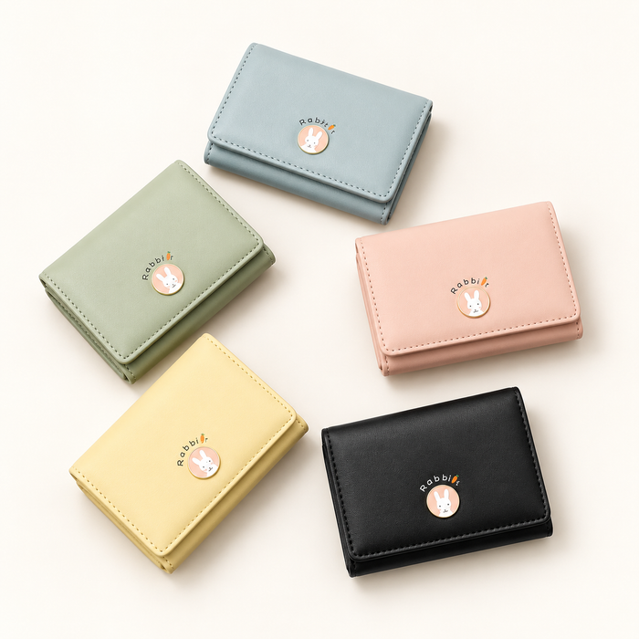 Rabbit Emblem Compact Wallet — Dusty Blue, Sage Green, Blush Pink, Pale Yellow, Black