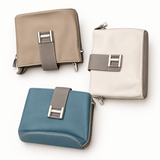 Contrast Tab Zip Bag — Taupe, Ivory, Teal Blue