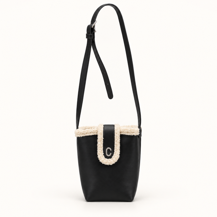 Fleece Trim Mini Shoulder Bag — Black