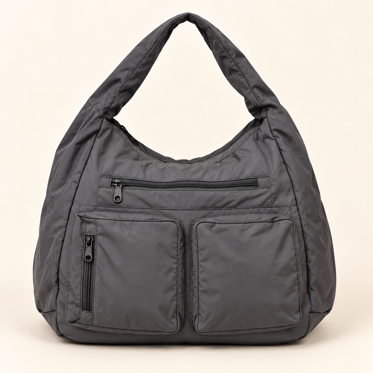 Relaxed Nylon Pocket Hobo — Grey — individual studio photo