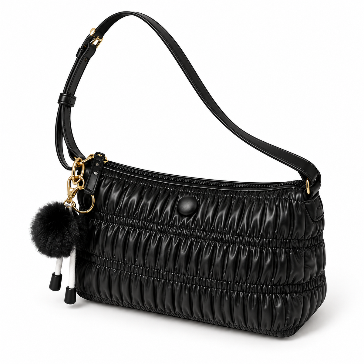 Ruched Button Shoulder Bag — Black — individual studio photo